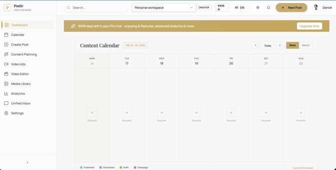 Postiv dashboard showing the social media content calendar, scheduled posts, and engagement analytics